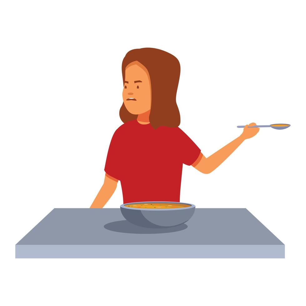 Girl disgusted by soup at table holding spoon vector