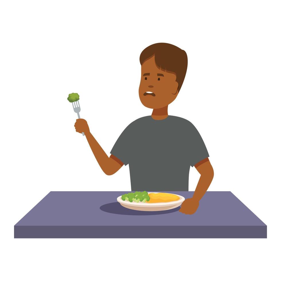 Boy refusing to eat broccoli and making a disgusted face vector