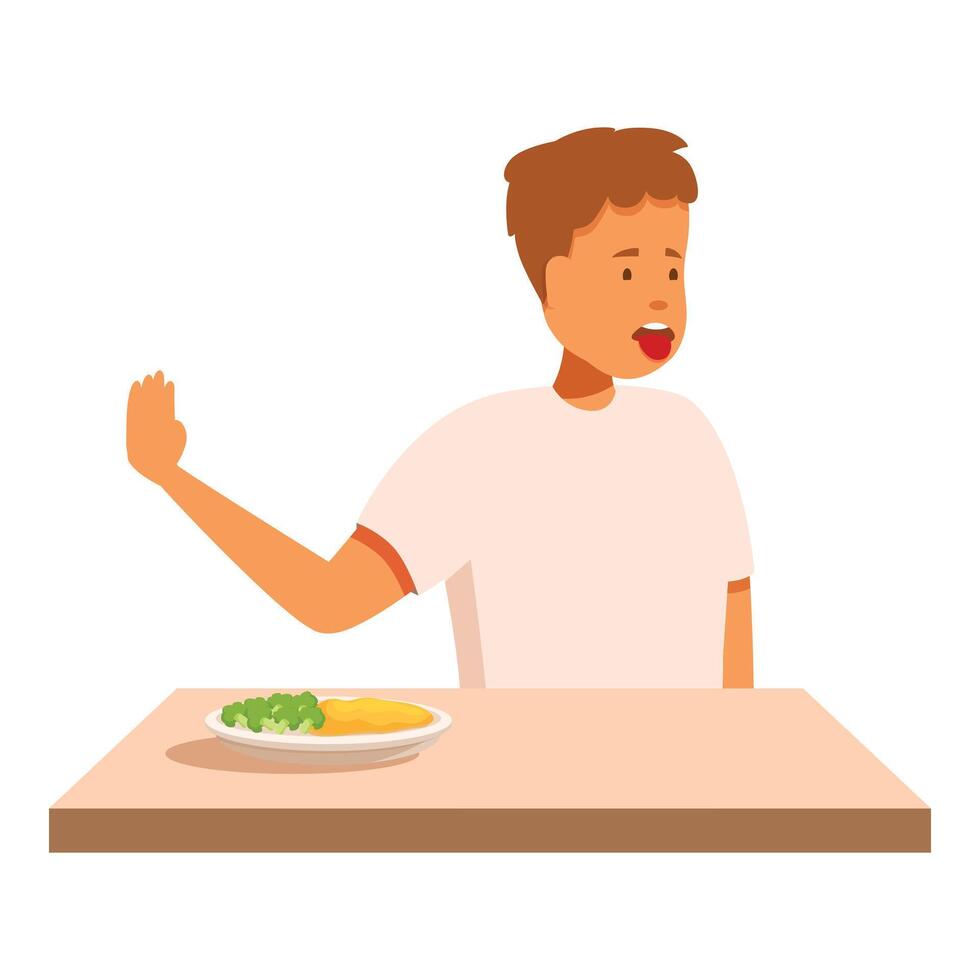 Boy refusing to eat vegetables at lunch table vector