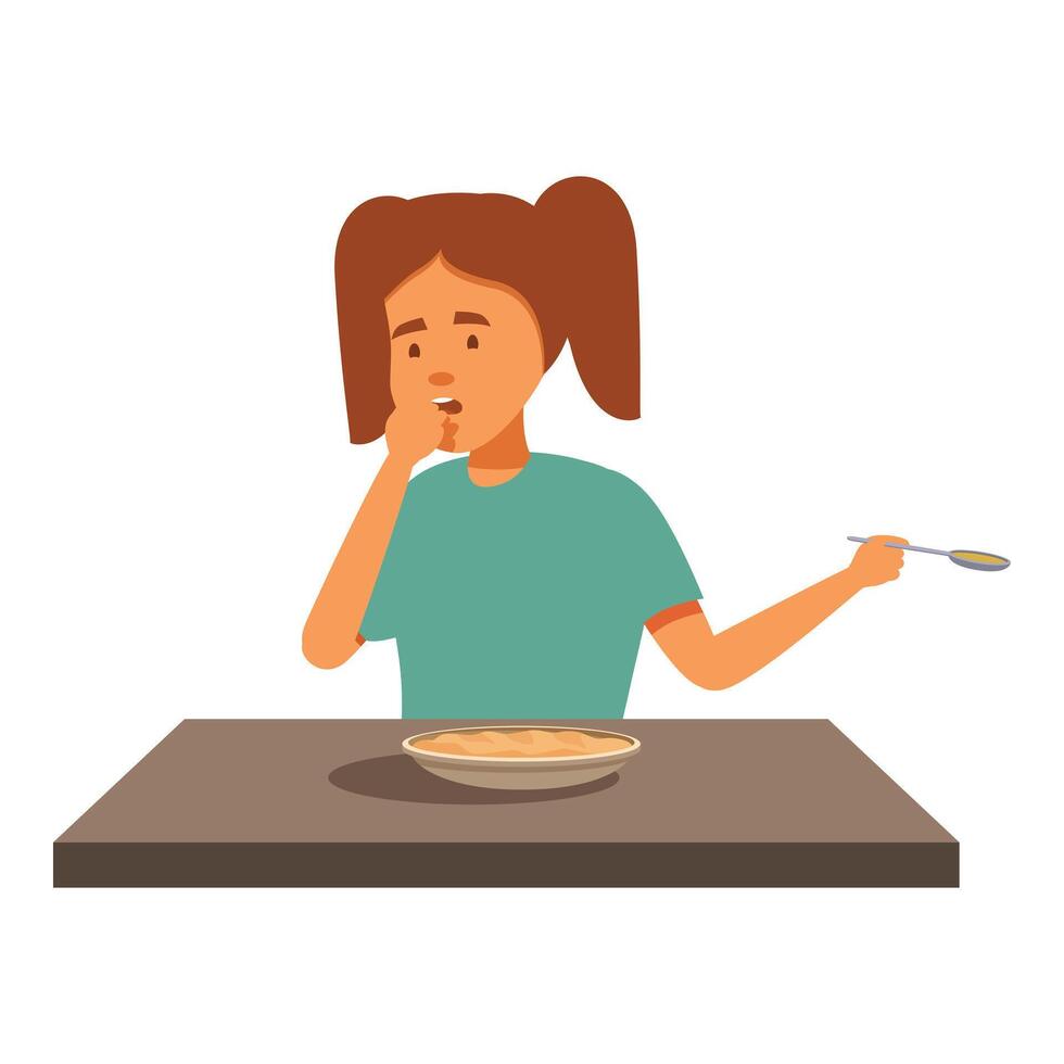 Girl disgusted by food holding spoon and biting fingernails at table vector