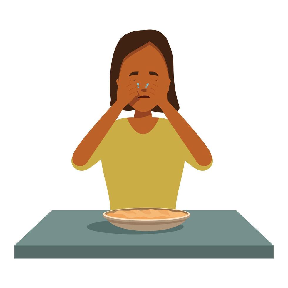 Little girl crying and covering her face at the table while eating vector