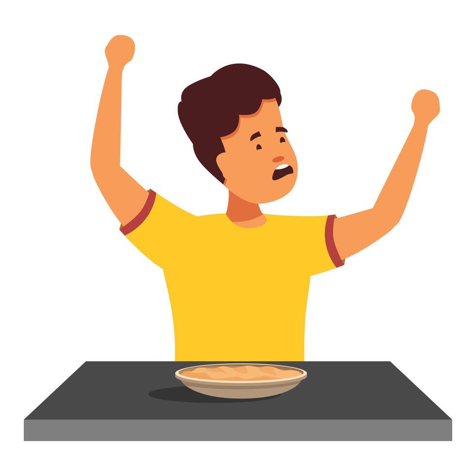 Child raising hands complaining about food at table vector