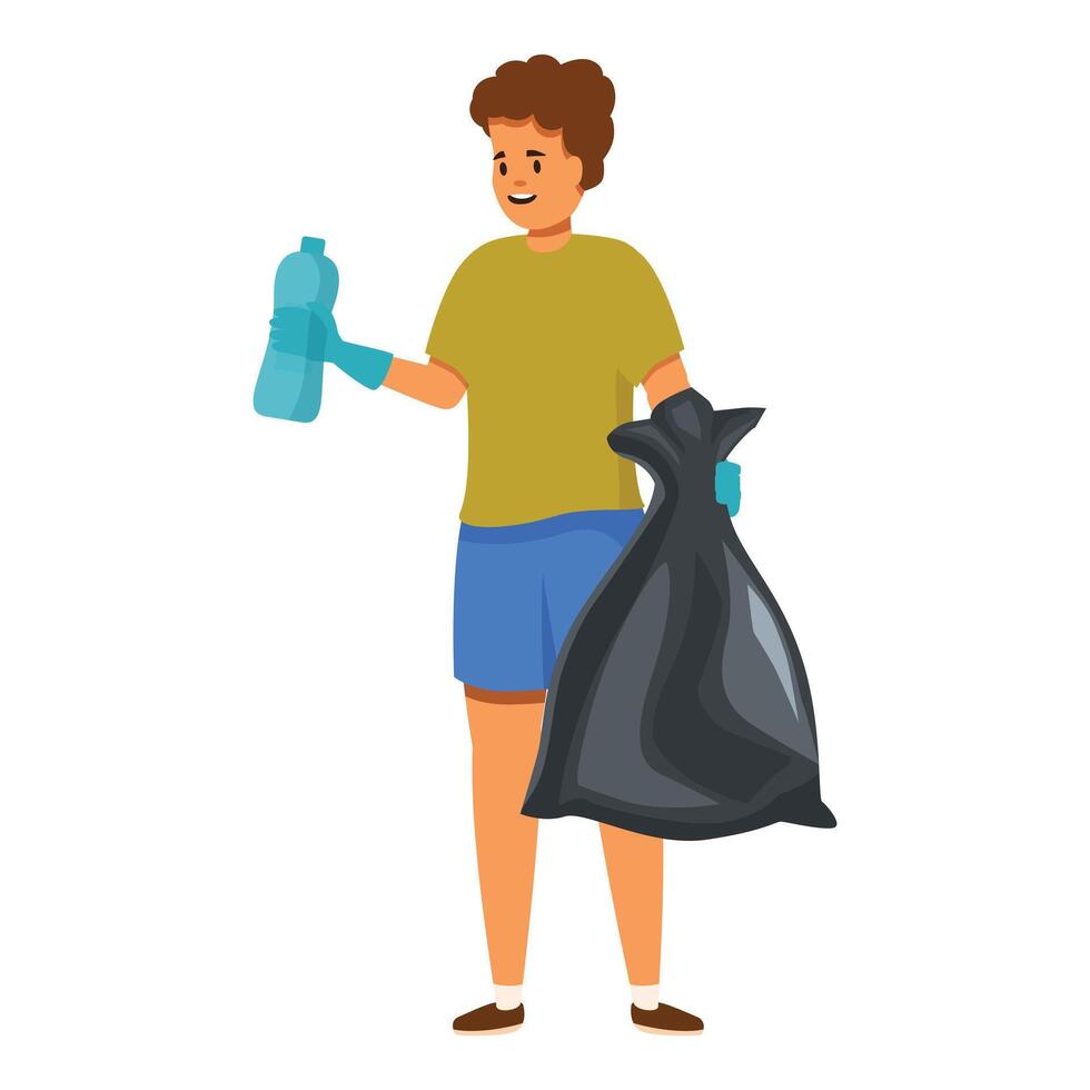 Volunteer picking up plastic bottle and holding garbage bag, recycling and environmental protection vector