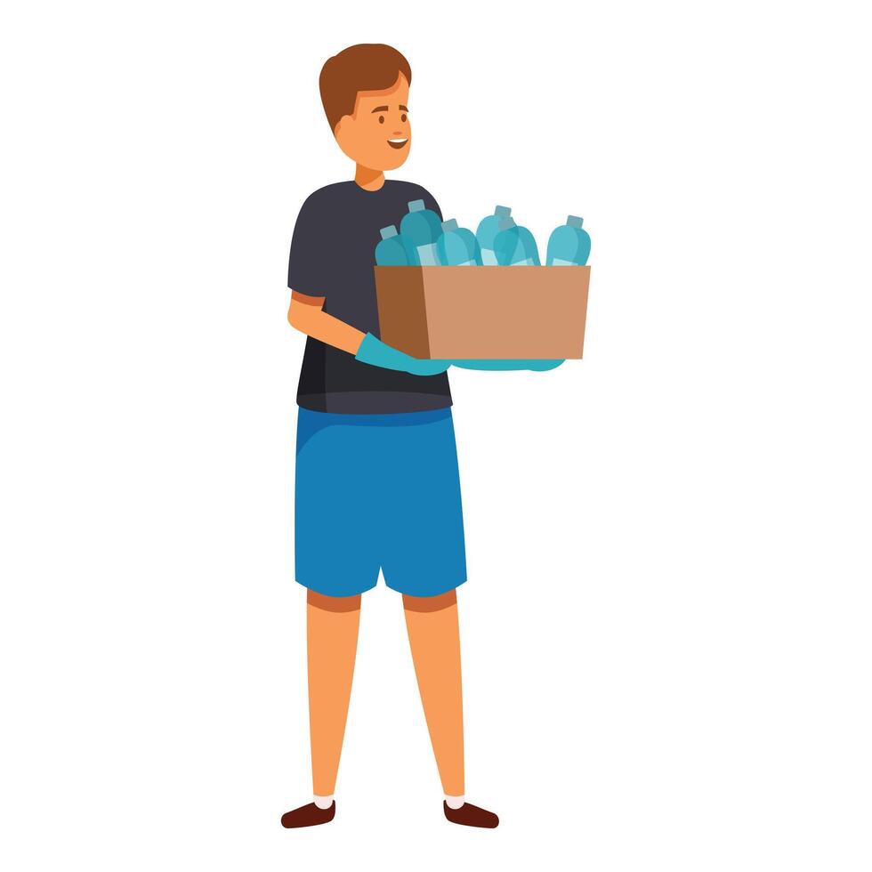 Volunteer collecting plastic bottles for recycling in cardboard box vector