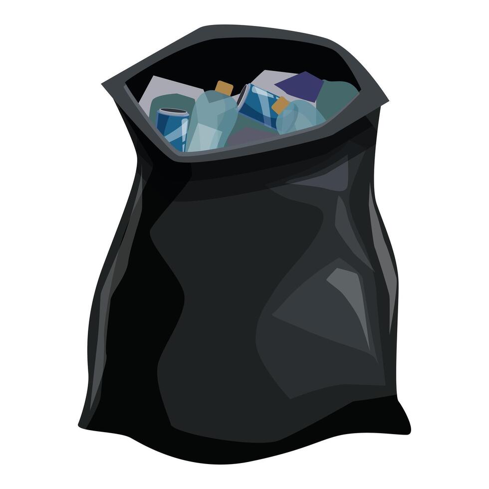 Black plastic trash bag overflowing with recyclable waste vector