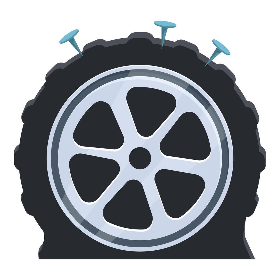 Flat tire showing nails puncturing rubber and causing damage vector