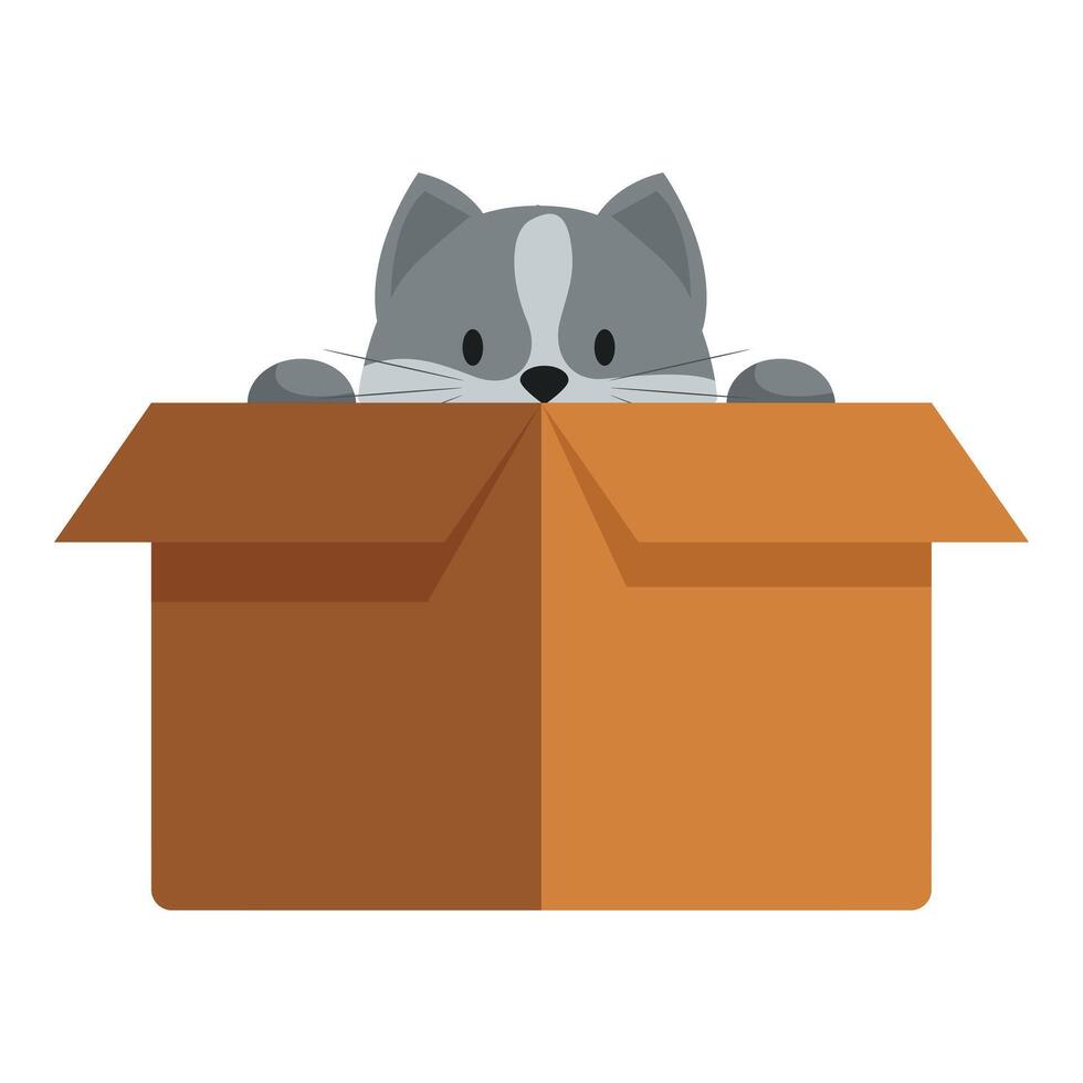 Cute cat peeking out of cardboard box, playful pet hiding vector