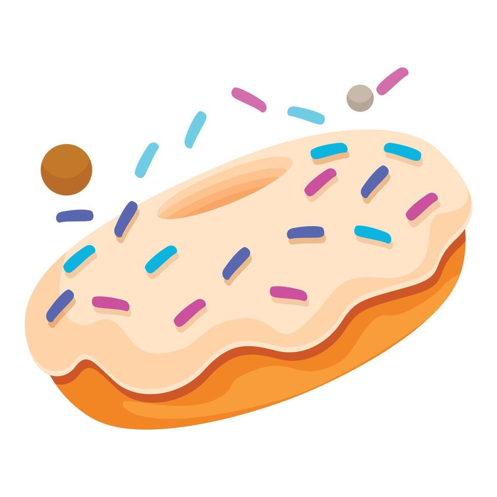 Delicious donut with white icing and colorful sprinkles falling around it vector