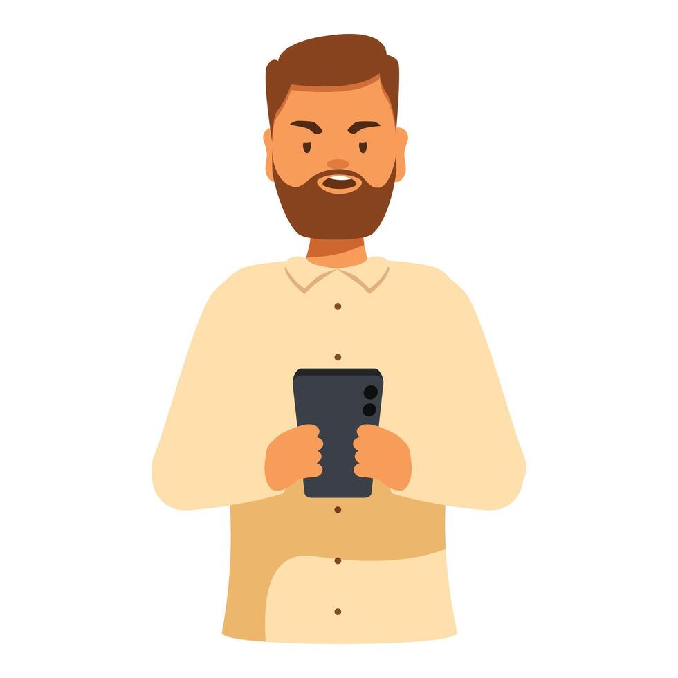 Bearded man holding smartphone reading news and playing mobile games vector