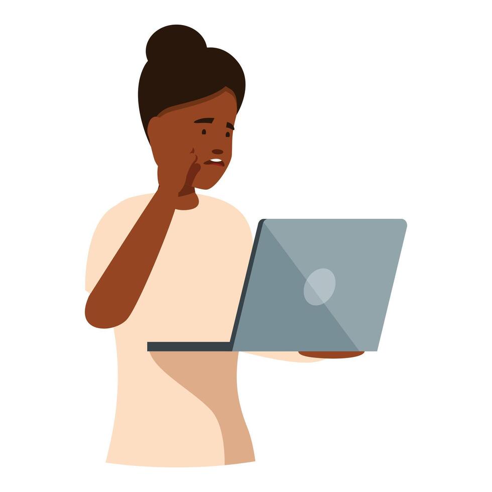 Shocked woman holding laptop and touching face, reading bad news vector
