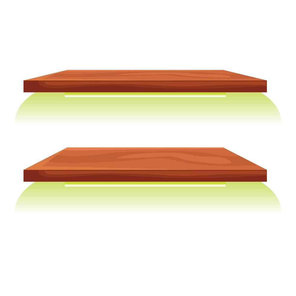 Two empty wooden shelves with green backlight creating a modern and minimalist atmosphere vector
