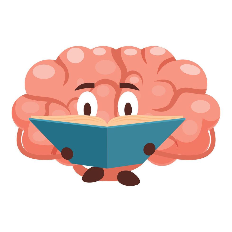 Cartoon brain holding and reading a book, studying and learning concepts vector