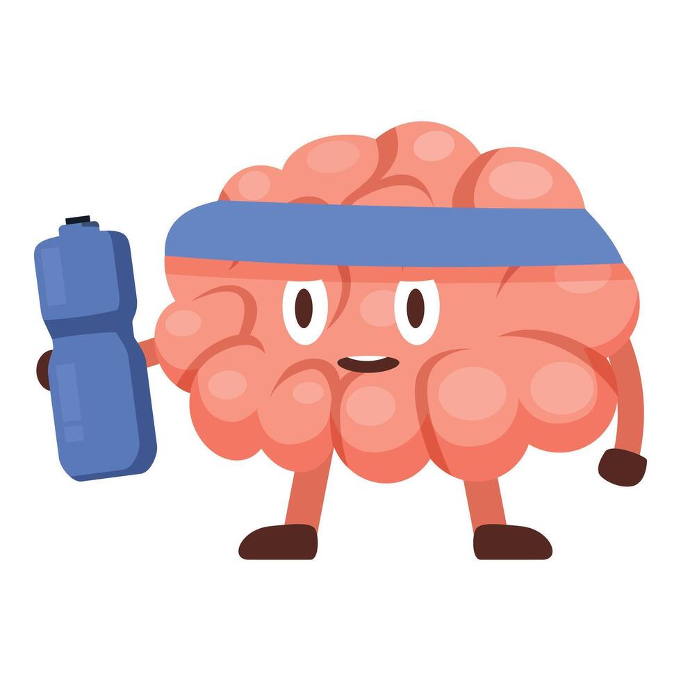 Healthy brain holding water bottle wearing headband promoting mental wellness vector