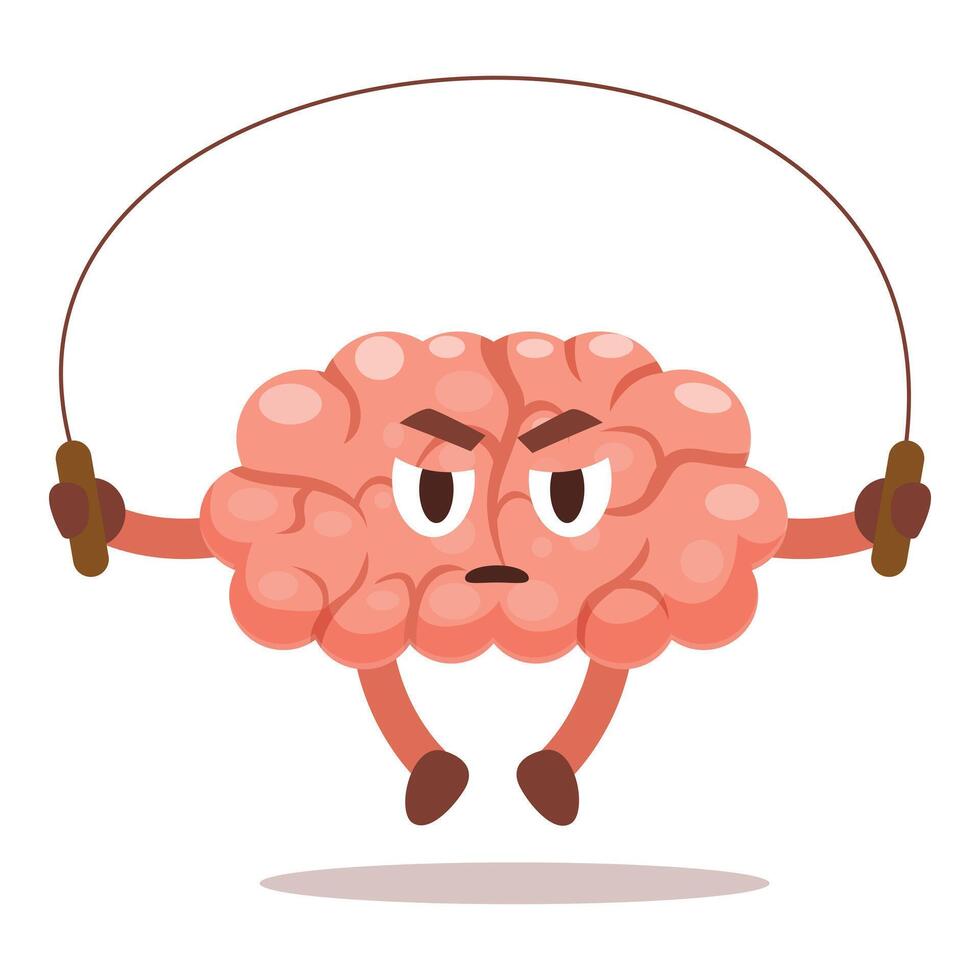 Determined brain cartoon character jumping rope for mental fitness vector