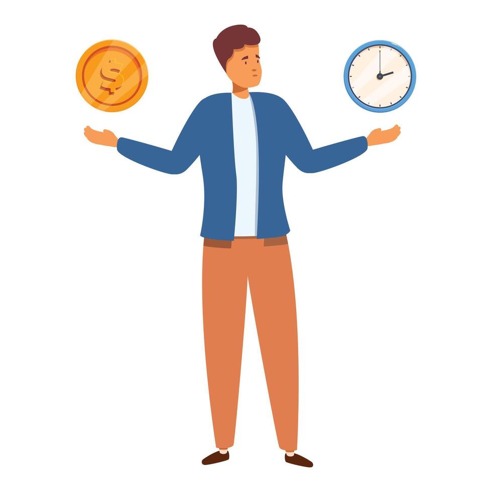 Businessman choosing between time and money, work life balance concept vector