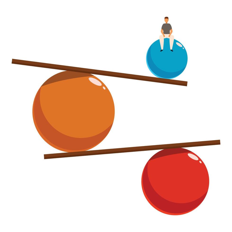 Businessman balancing precariously on seesaw, maintaining equilibrium vector