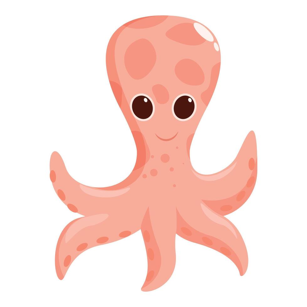 Happy pink octopus smiling and waving tentacles on white background vector