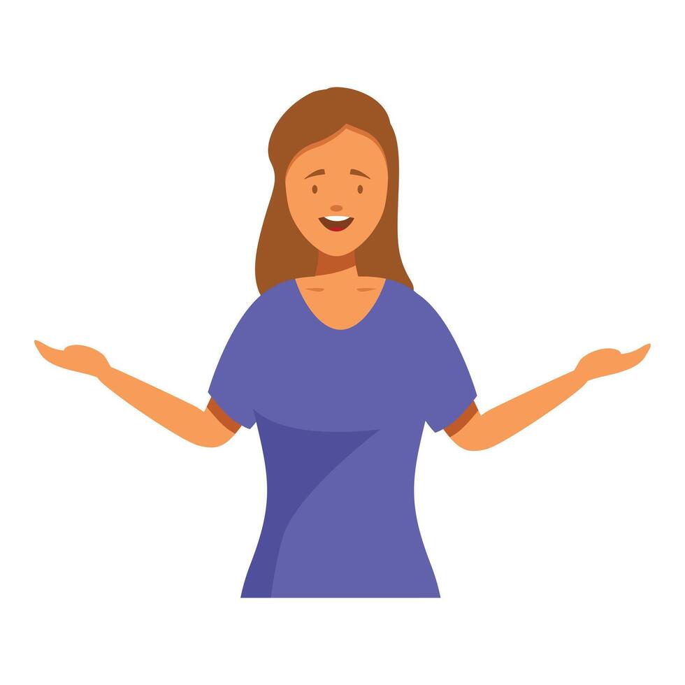Smiling woman showing something with open hands and arms apart vector