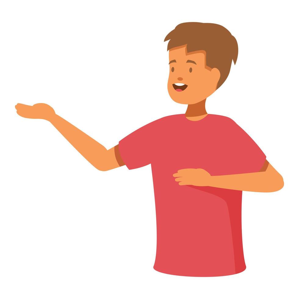 Young man presenting something with open hand and smiling face vector
