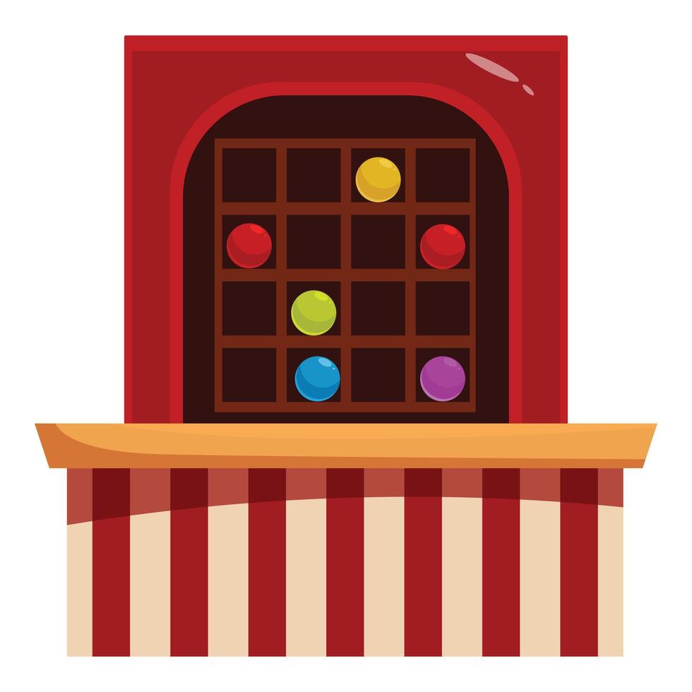 Colorful balls inside carnival game booth with striped awning vector