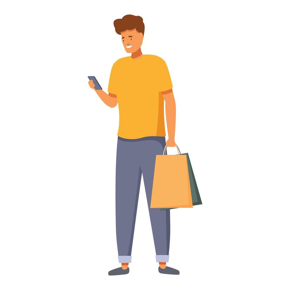 Smiling man using smartphone and holding shopping bags, mobile shopping and retail therapy vector