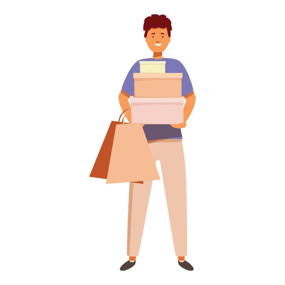 Smiling man carrying shopping bags and boxes after shopping vector