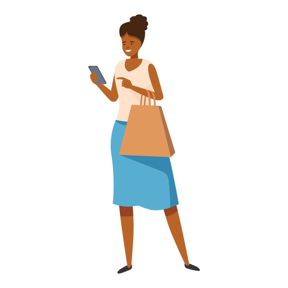Smiling woman using smartphone and holding shopping bag vector