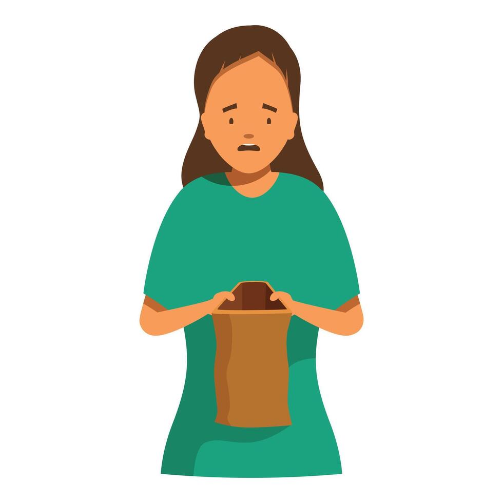 Sad woman holding empty paper bag, running out of food vector
