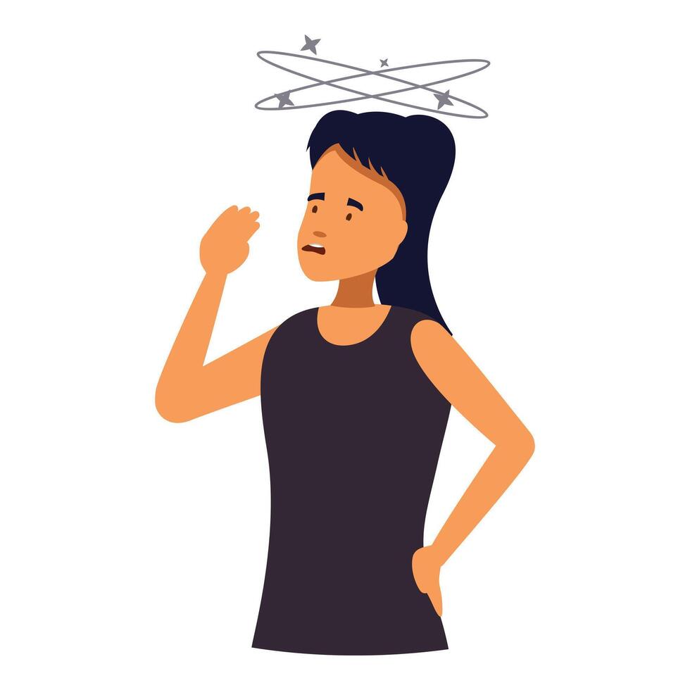 Young woman feeling dizzy and disoriented, experiencing vertigo vector