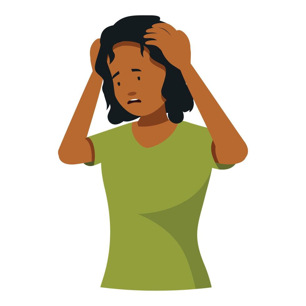 Young woman holding her head, experiencing frustration and worry vector
