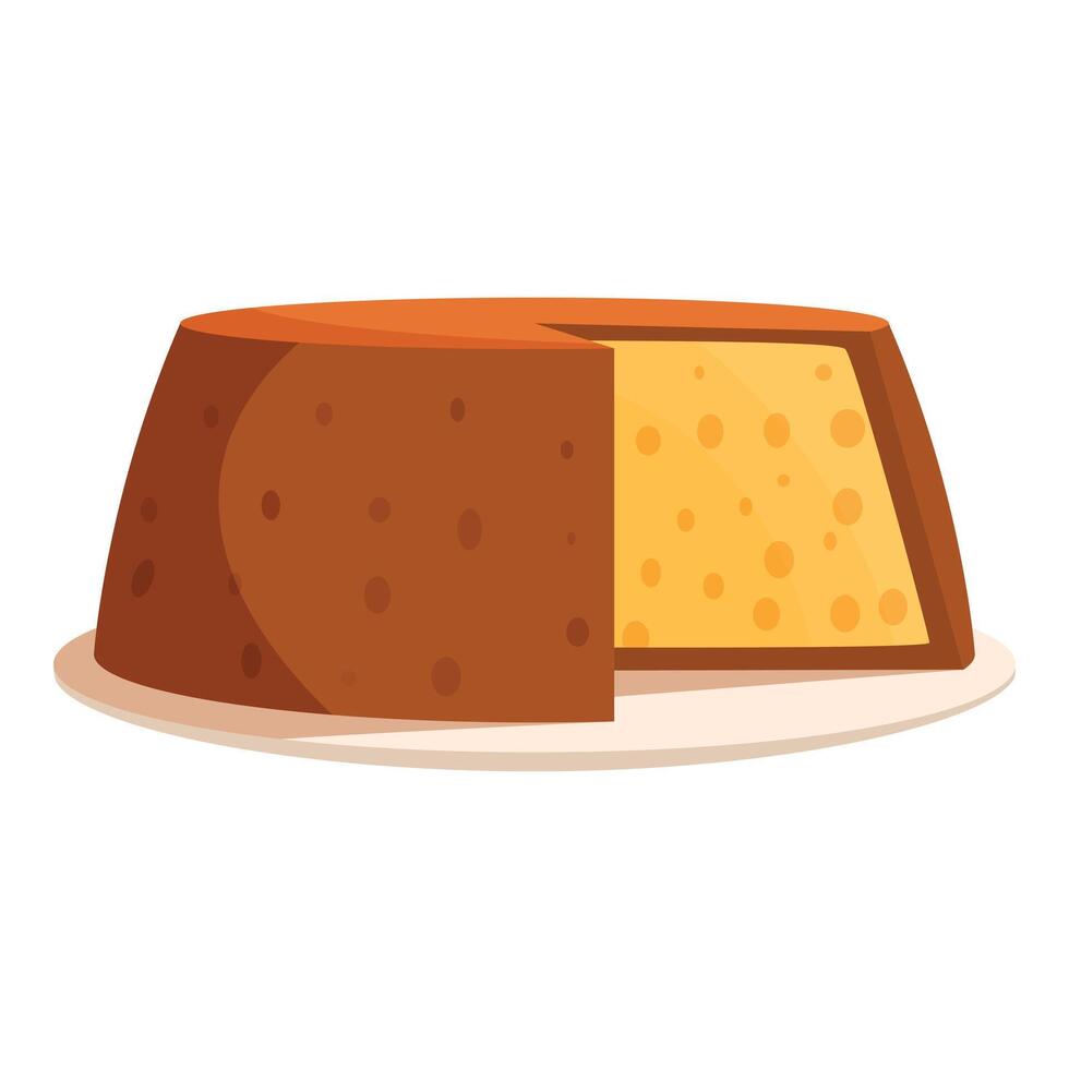 Round cheese wheel with a slice cut out, resting on a plate, showing the texture and color of the cheese vector