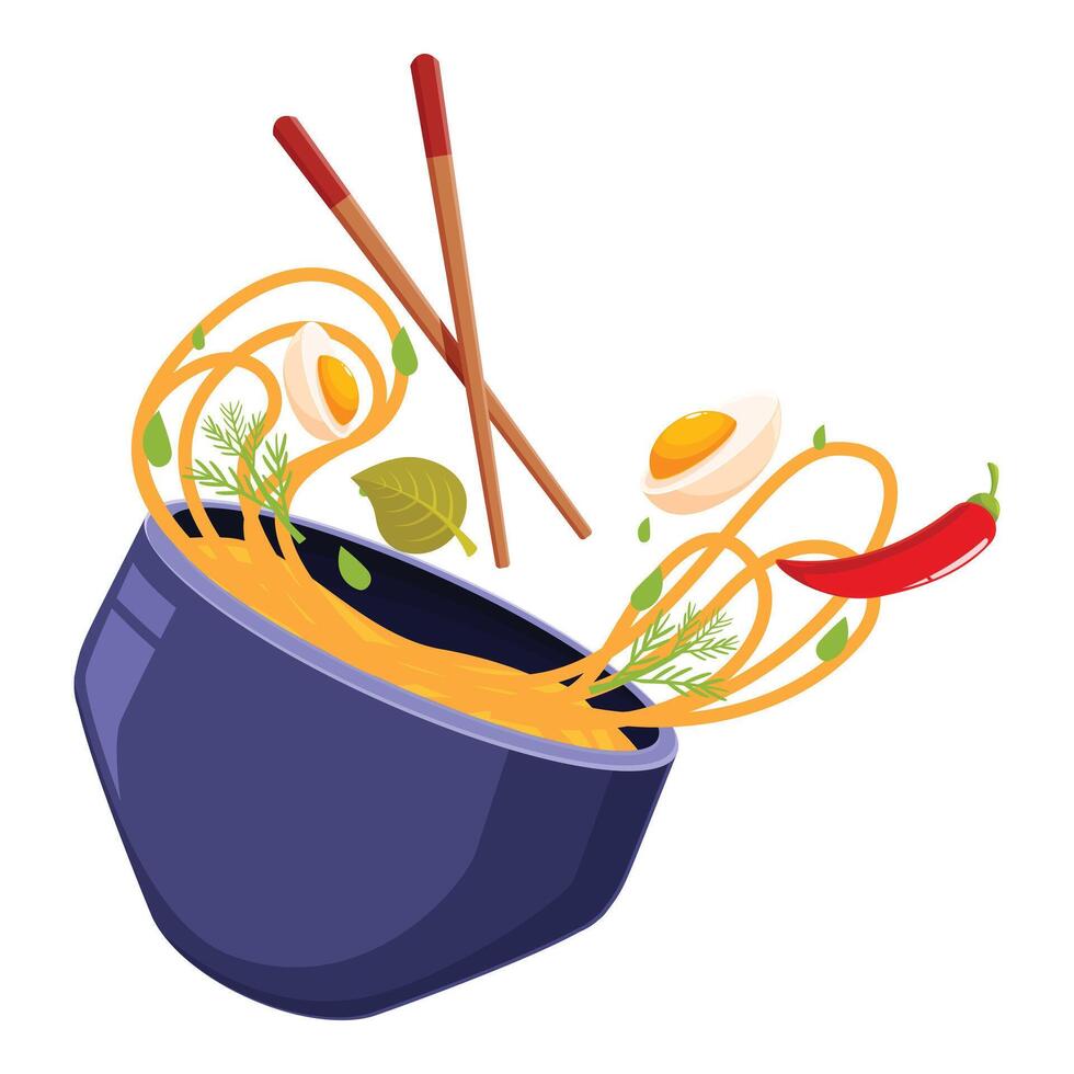 Ramen noodles, eggs, herbs and chili pepper floating above bowl with chopsticks vector
