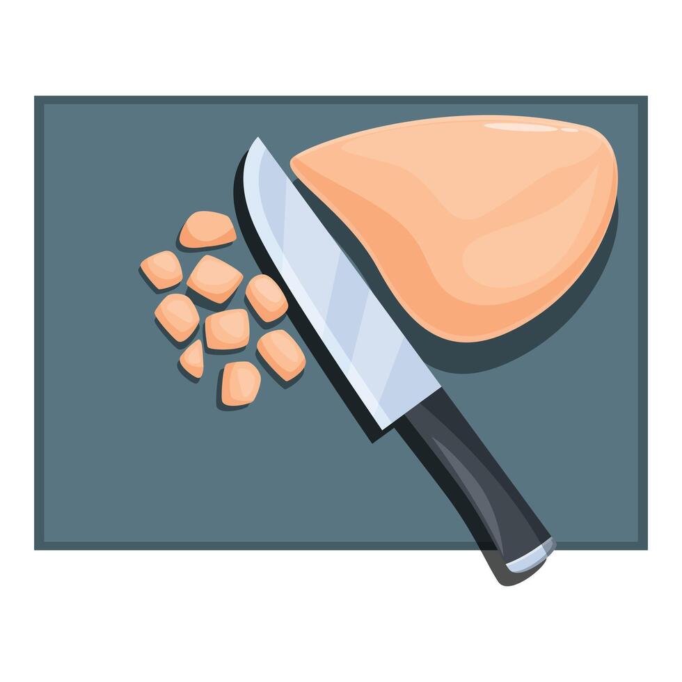 Chef cutting chicken breast into cubes on cutting board with knife vector