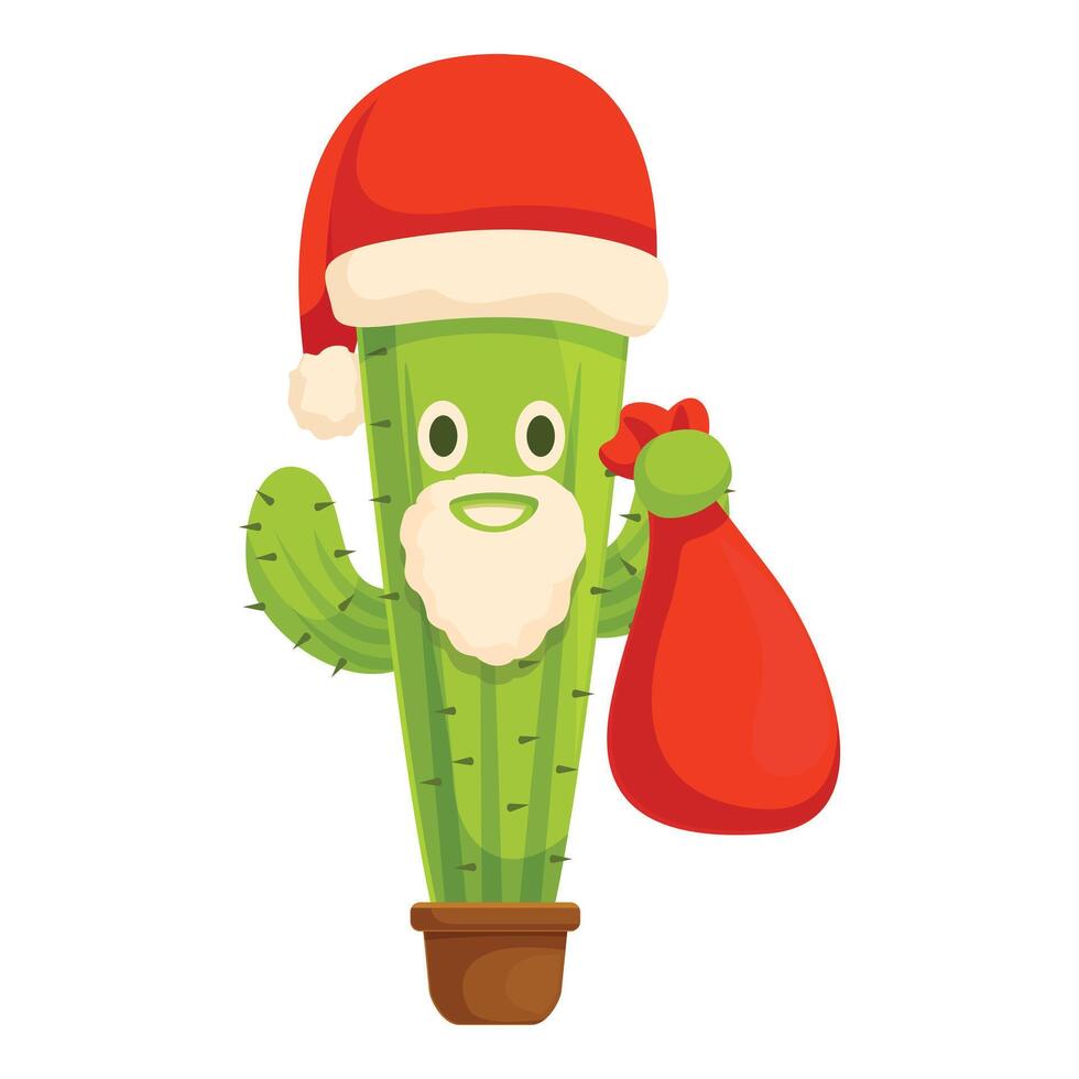 sonriente Navidad cactus vistiendo Papa Noel sombrero y participación regalo bolso vector