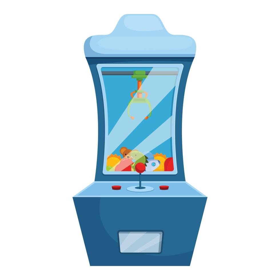 Claw crane arcade game machine grabbing toys in glass box vector