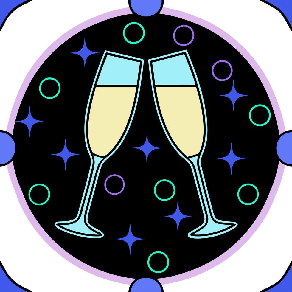 Futuristic LED Champagne Toast concept as A close up of LED lit champagne glasses clinking in a high tech setting with holographic decorations camera slowly zooms to capture the vi vector