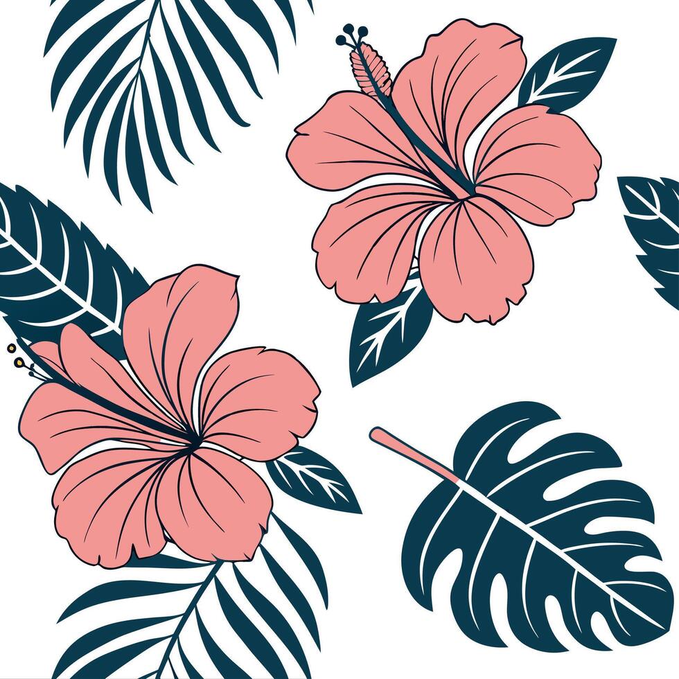 Farmhouse hibiscus seamless tile pattern with vintage hibiscus and warm brown accents on white background ideal for cozy kitchens concept as Vintage hibiscus and warm brown accents vector