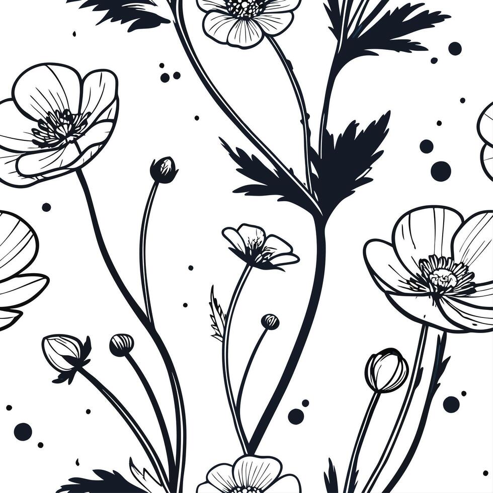 Ethereal buttercup seamless pattern with light tones and airy elements on white background concept as Light toned ethereal buttercups with airy elements creating a dreamy seamless vector