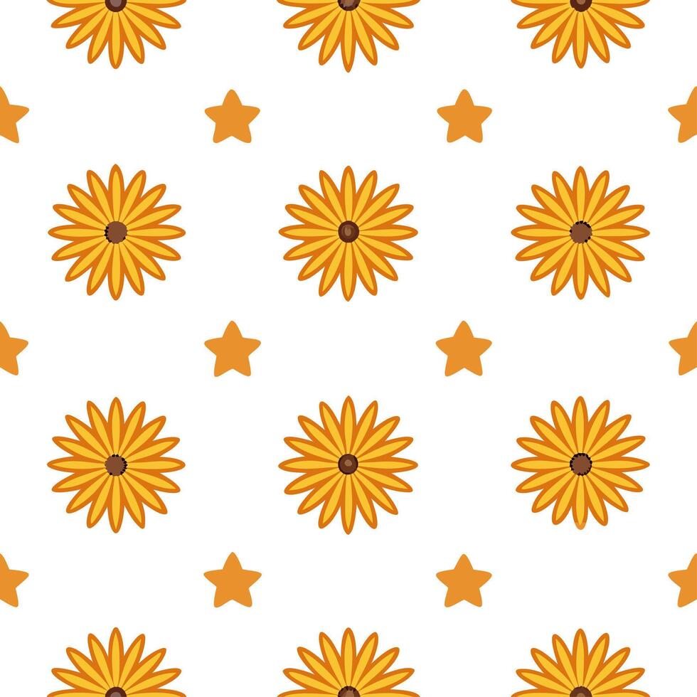 Celestial Calendula and Stars Seamless Pattern on White Background Ideal for Night Textiles Branding and Packaging Designs with Ample Empty Space on the Left Side for Customizatio vector
