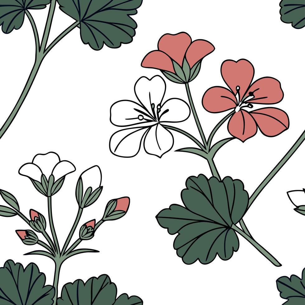 Detailed Botanical Geranium Seamless Pattern with Lush Green Stems on White Background for Natural Designs vector