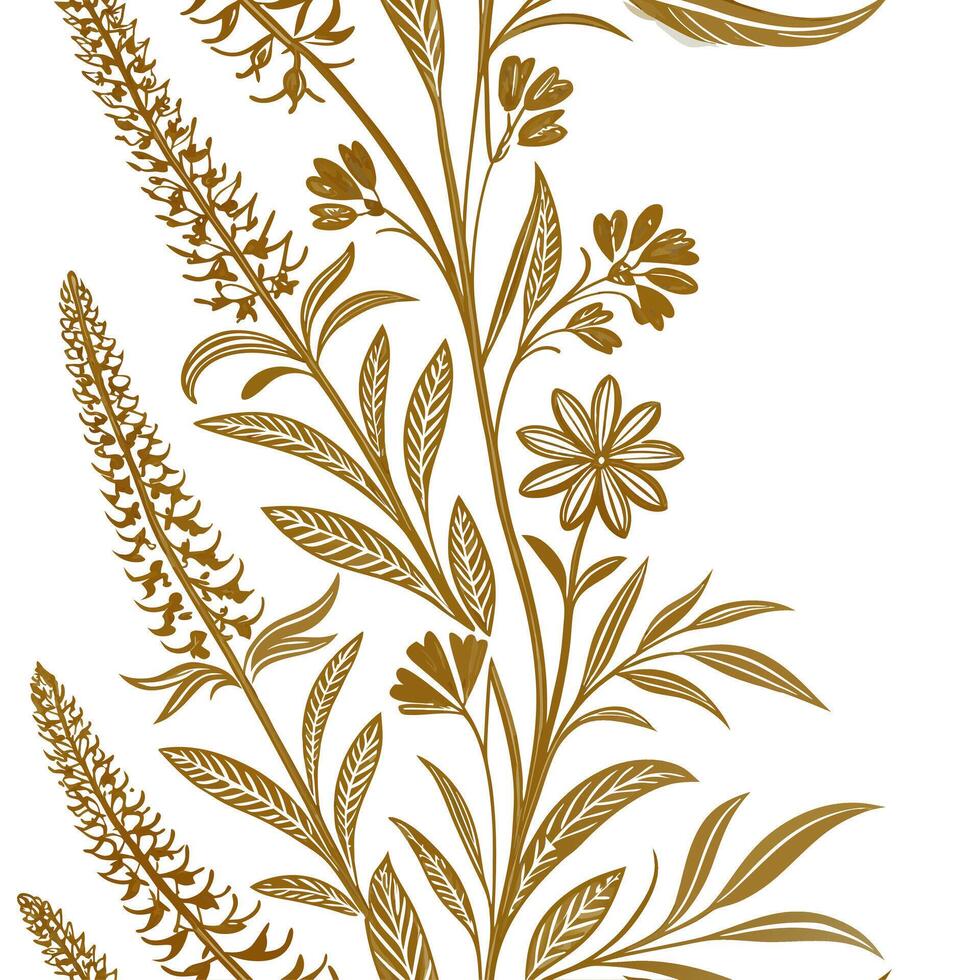 Botanical heather seamless pattern with detailed petals and green stems on white background concept as Detailed botanical heather flowers with lush green stems creating rich seamle vector