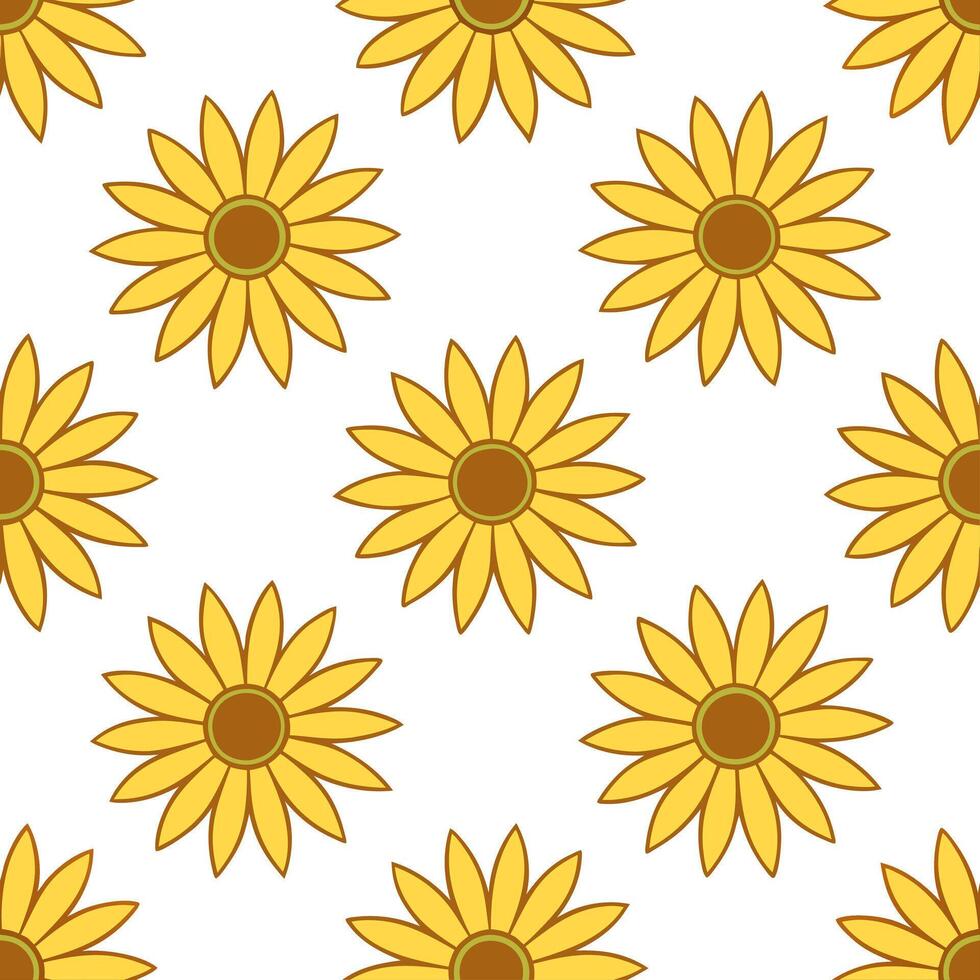 Explore a Botanical Garden Seamless Tile Pattern Featuring Various Sunflower Species in Natural Yellows on White Background Perfect for Serene Spaces in Photo Stock vector