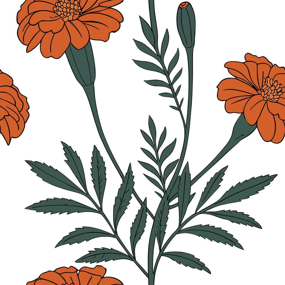 Botanical Garden Marigold Seamless Tile Pattern Various Marigold Species in Natural Oranges on White Background for Serene Spaces Perfect for Photo Stock Concepts with Left Side vector