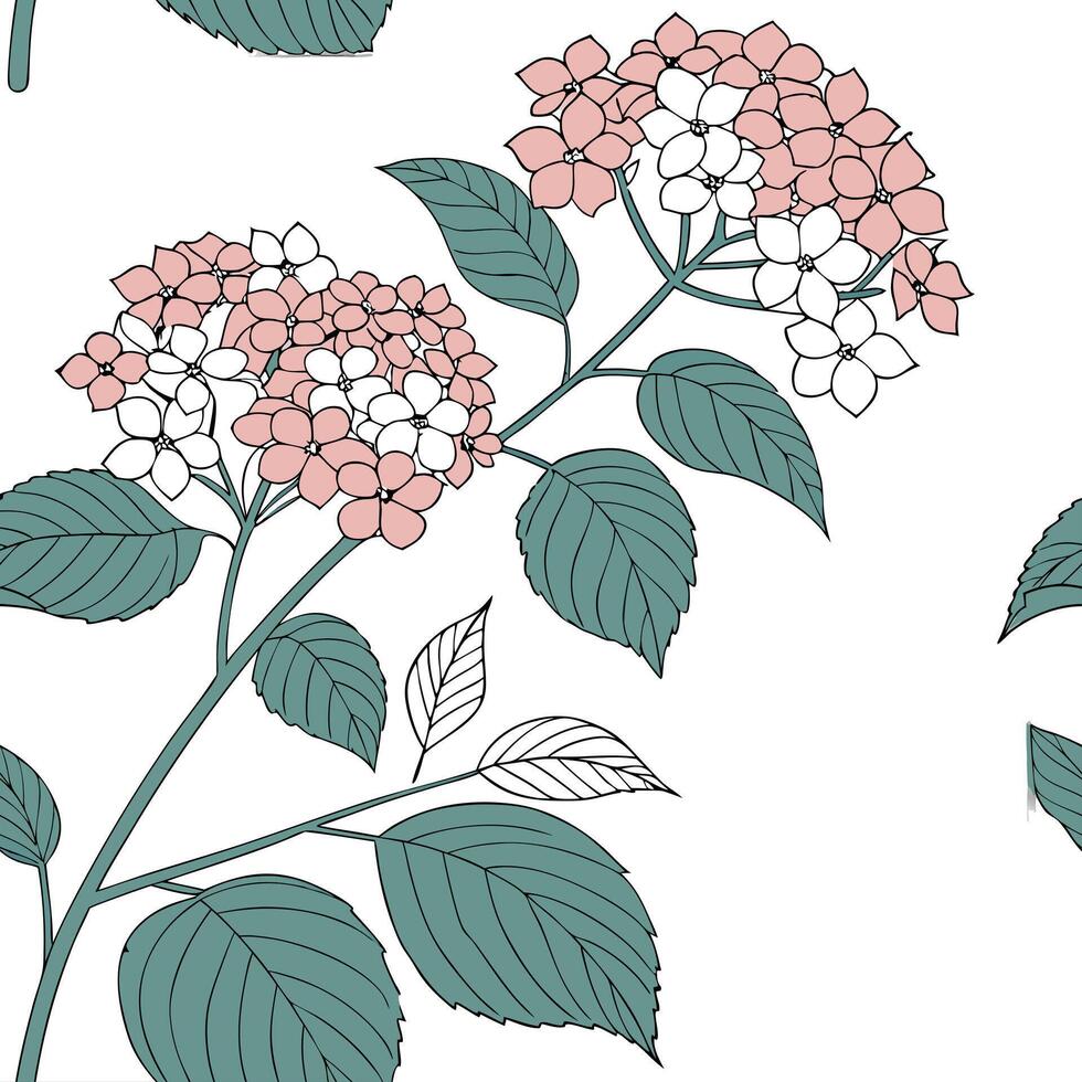 Botanical Garden Hydrangea Seamless Tile Pattern Various Hydrangea Species in Natural Blues on White Background for Serene Spaces Perfect for Photo Stock Concepts with Left Side vector