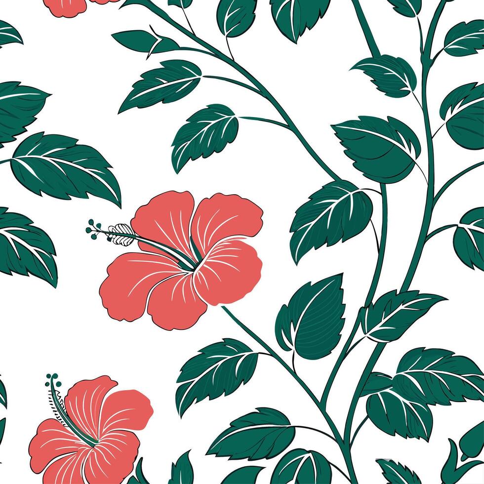 Explore a Serene Botanical Garden Seamless Tile Pattern Featuring Various Hibiscus Species in Natural Pinks on a White Background Perfect for Tranquil Spaces in Photo Stock Conce vector