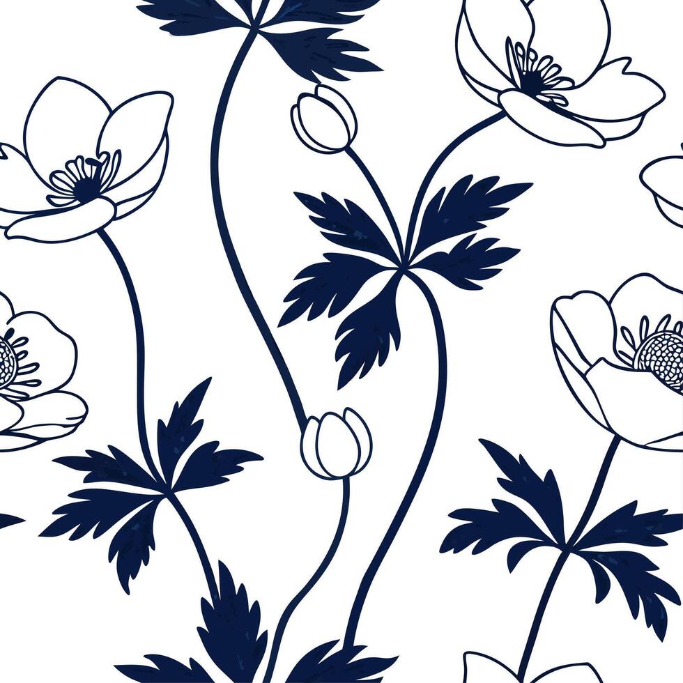 Seamless Botanical Anemone Pattern with Green Stems on White Background vector