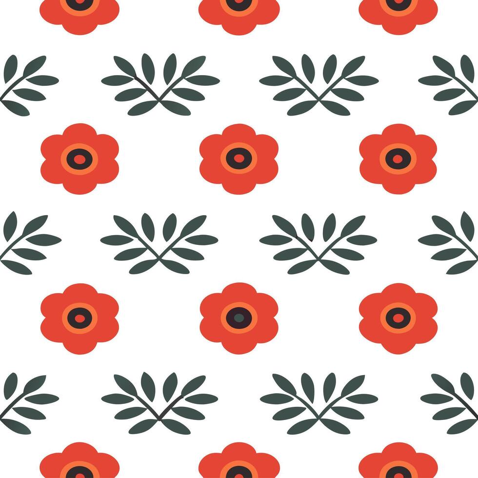 Bohemian poppy seamless tile pattern with vibrant red blooms and intricate leaf details on white background ideal for eclectic spaces vector