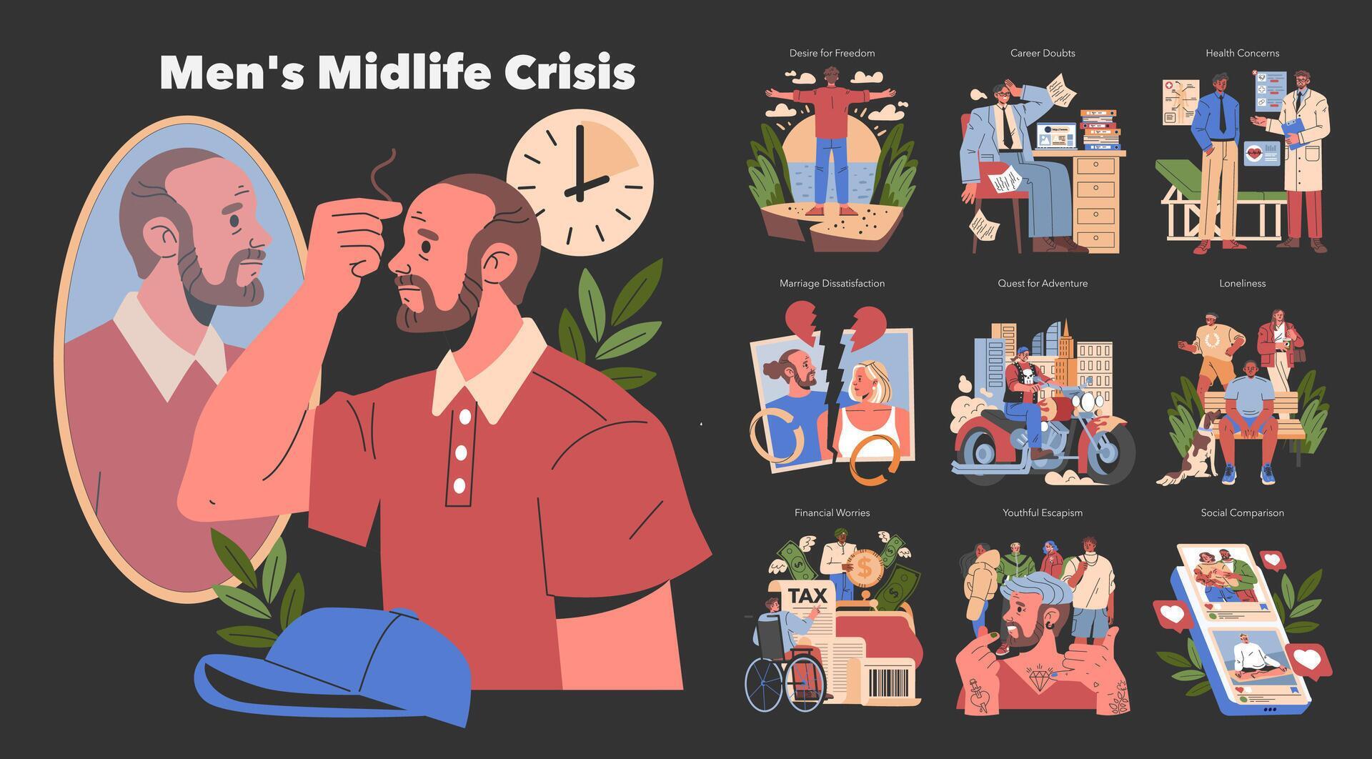 Men Midlife Crisis. Flat Illustration 55192738 Vector Art at Vecteezy