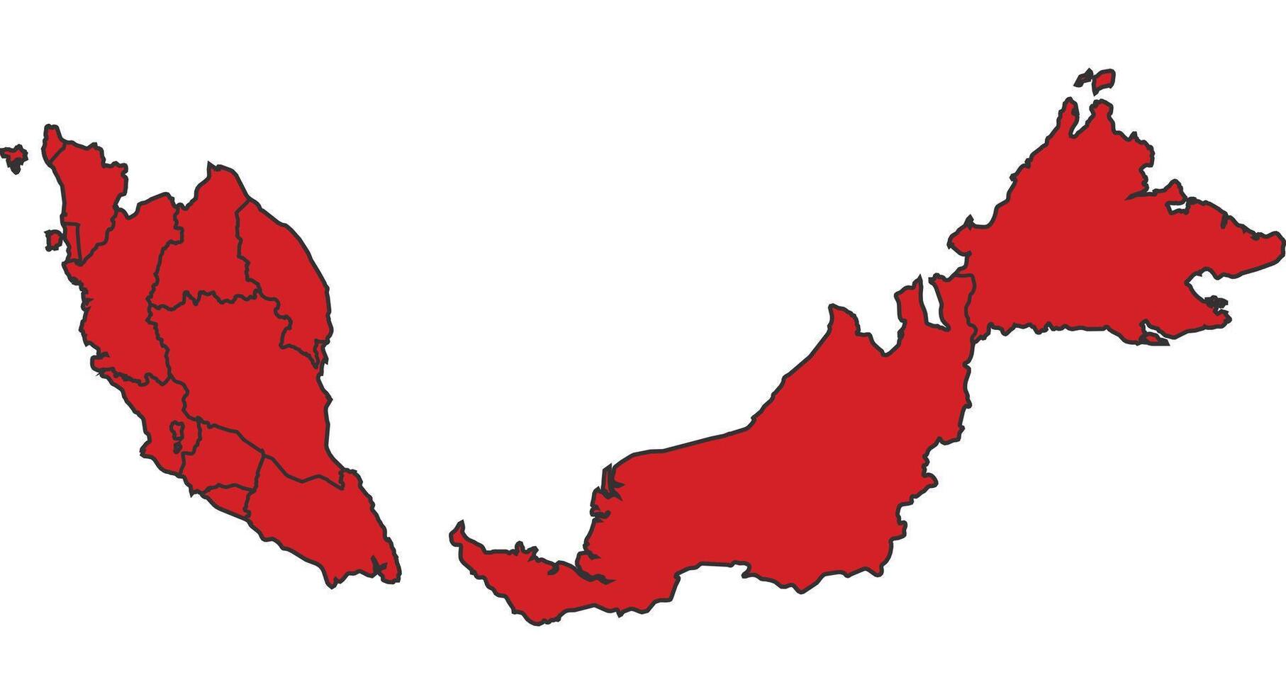 Malaysia Red map with border of regions outline vector