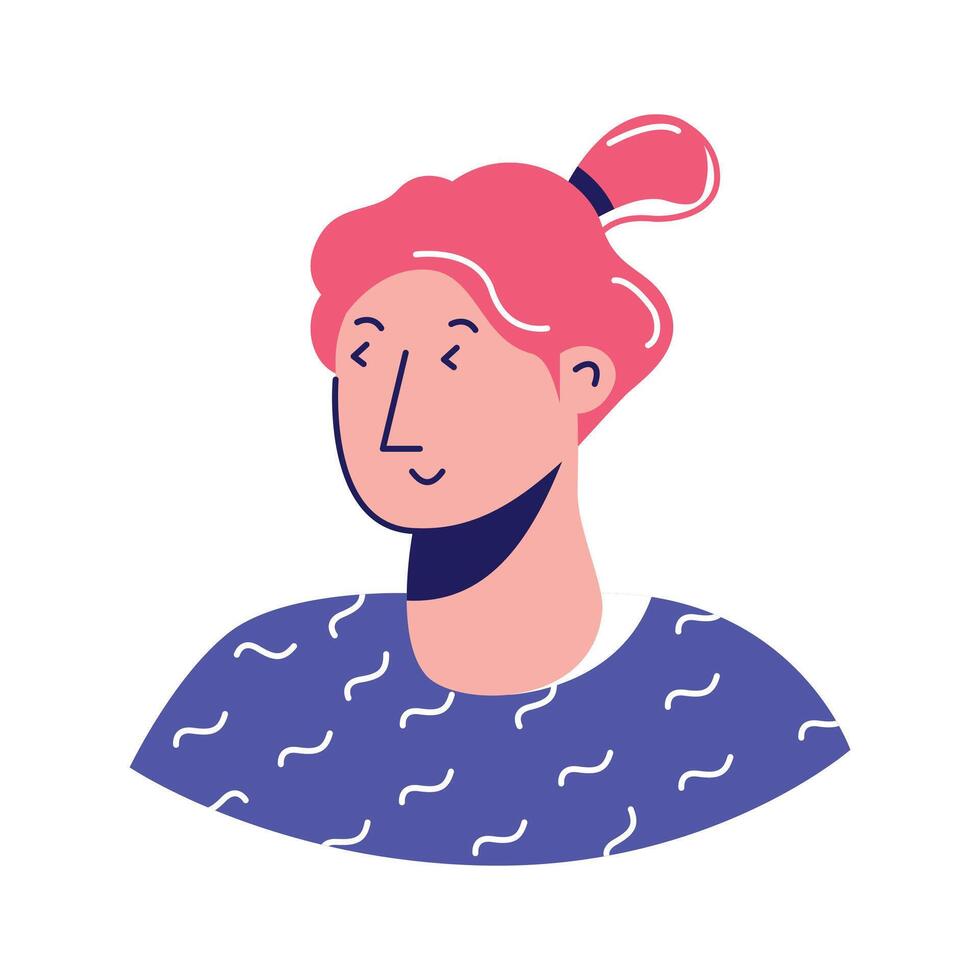A colorful, stylized icon of a young woman head and shoulders,., vector